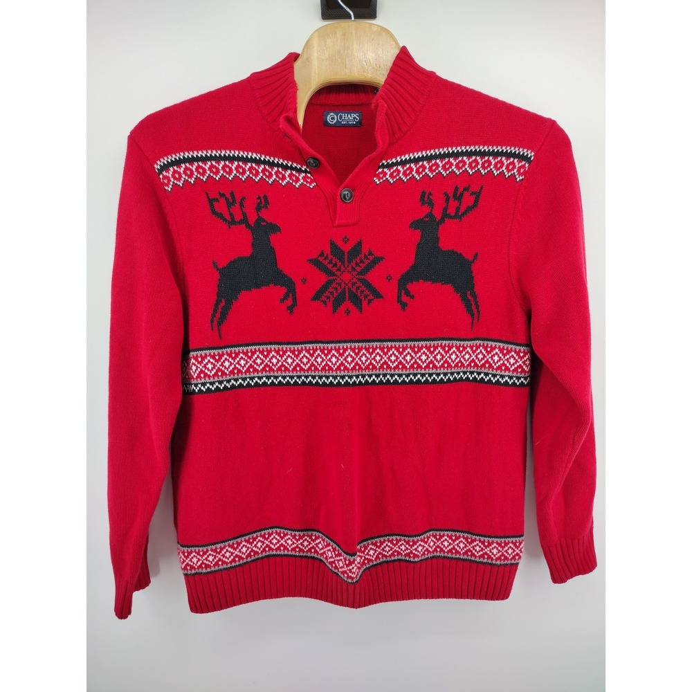 Chaps‎ Mens Red Reindeer Fair Isle Cotton Mock Neck Button Sweater XL